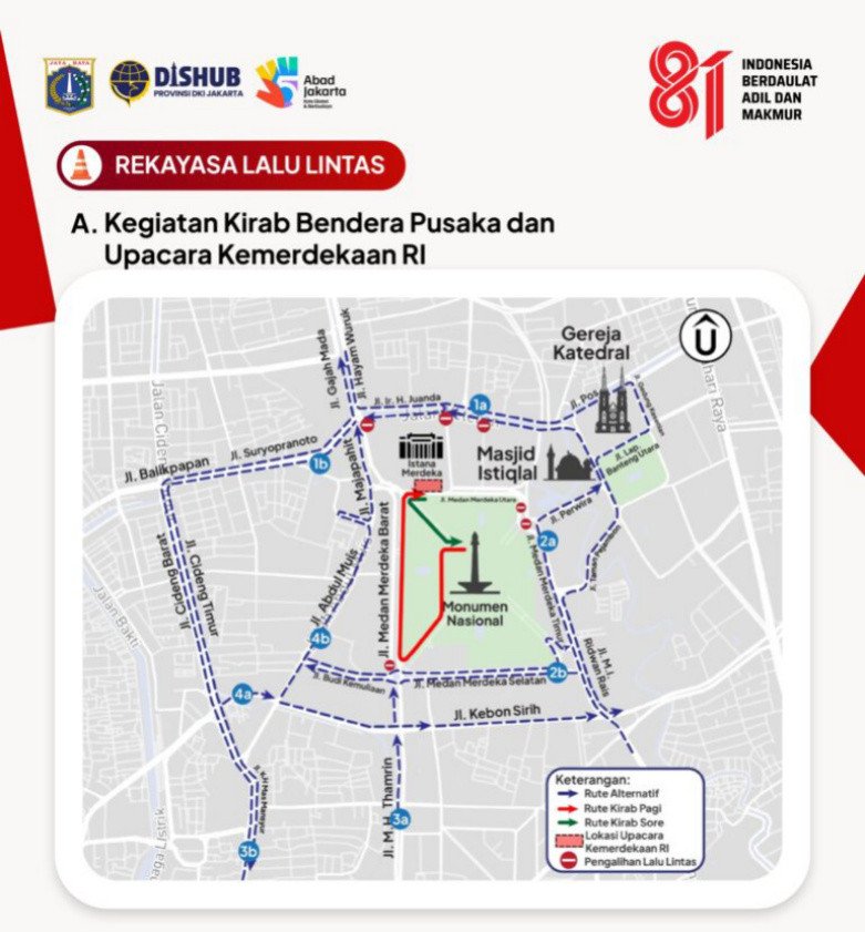 Upacara HUT ke-81 RI di Istana, Ini Rekayasa Lalu Lintas di Kawasan Monas-Dukuh Atas